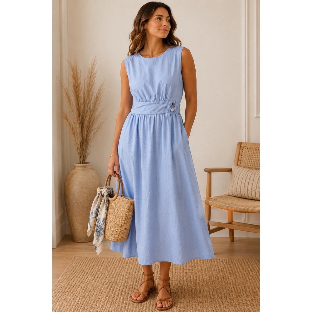 Wms‎ Sky Blue Sleeveless Gathered Waist Maxi Dress XL Minimalist Preppy Commense